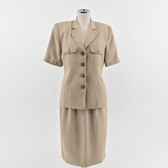 Vtg Oleg Cassini Skirt Suit Size 6 Beige Academia Old Money Quiet Luxury Career - Picture 1 of 15